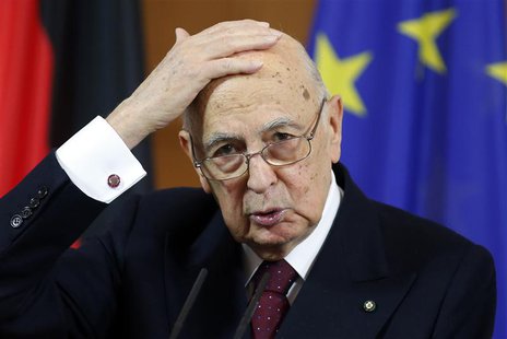 Italy's President Giorgio Napolitano gestures during a news conference following talks with German counterpart Joachim Gauck in Berlin Febru Italy's President Giorgio Napolitano gestures during a news conference following talks with German counterpart Joachim Gauck in Berlin Febru