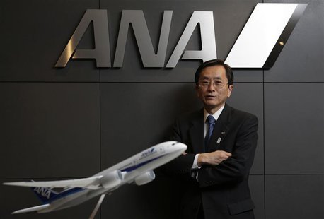 All Nippon Airways (ANA) Co's Senior Executive Vice President and next president Osamu Shinobe poses behind a model of ANA's Boeing Co's 787 All Nippon Airways (ANA) Co's Senior Executive Vice President and next president Osamu Shinobe poses behind a model of ANA's Boeing Co's 787