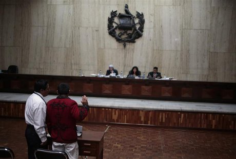 A indigenous man of the Ixchil region takes an oath to tell the truth during his testimony at the first session of the trial of the former G A indigenous man of the Ixchil region takes an oath to tell the truth during his testimony at the first session of the trial of the former G
