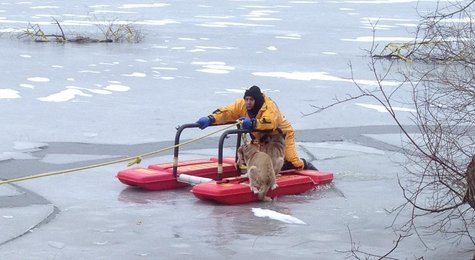 Rescue crews used a pontoon device specifically designed for ice rescues that was pulled to shore by rope.. Rescue crews used a pontoon device specifically designed for ice rescues that was pulled to shore by rope..