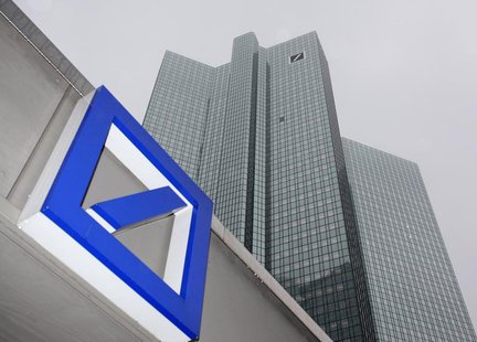 A Deutsche Bank logo is pictured in front of the Deutsche Bank headquarters in Frankfurt February 24, 2011. After a three-year renovation pe A Deutsche Bank logo is pictured in front of the Deutsche Bank headquarters in Frankfurt February 24, 2011. After a three-year renovation pe