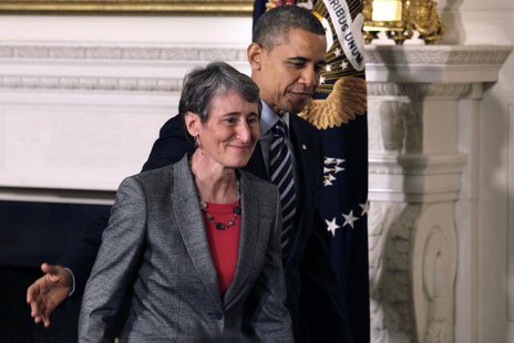 U.S. President Barack Obama leaves with Sally Jewell, CEO of Recreational Equipment Inc., his nominee for Interior Secretary, at the White H U.S. President Barack Obama leaves with Sally Jewell, CEO of Recreational Equipment Inc., his nominee for Interior Secretary, at the White H