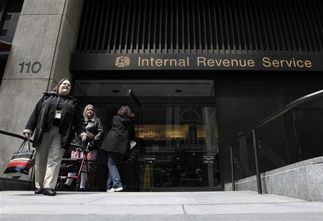 Women walk out of an Internal Revenue Service office in New York April 18, 2011. REUTERS/Lucas Jackson Women walk out of an Internal Revenue Service office in New York April 18, 2011. REUTERS/Lucas Jackson