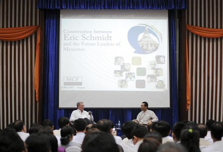 Google Executive Chairman Eric Schmidt (L) addresses people from IT field during a conference in Yangon March 22, 2013 as part of his tour i Google Executive Chairman Eric Schmidt (L) addresses people from IT field during a conference in Yangon March 22, 2013 as part of his tour i