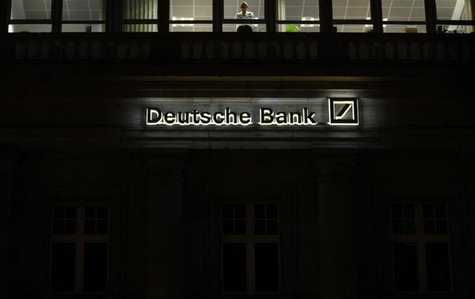 The logo of Germany's largest business bank, Deutsche Bank, is illuminated at the bank's original headquarters in Frankfurt January 31, 2012 The logo of Germany's largest business bank, Deutsche Bank, is illuminated at the bank's original headquarters in Frankfurt January 31, 2012