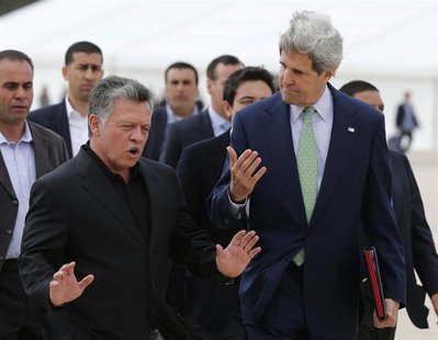 U.S. Secretary of State John Kerry (R) talks with Jordan's King Abdullah at the airport in Amman March 23, 2013. REUTERS/Larry Downing U.S. Secretary of State John Kerry (R) talks with Jordan's King Abdullah at the airport in Amman March 23, 2013. REUTERS/Larry Downing