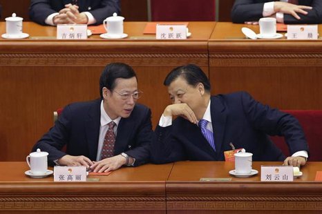 China's Politburo Standing Committee member Liu Yunshan (R) talks to newly-elected Vice-Premier Zhang Gaoli during the sixth plenary meeting China's Politburo Standing Committee member Liu Yunshan (R) talks to newly-elected Vice-Premier Zhang Gaoli during the sixth plenary meeting