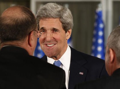 U.S. Secretary of State John Kerry shakes hands before a news conference with Israel's Prime Minister Benjamin Netanyahu and U.S. President U.S. Secretary of State John Kerry shakes hands before a news conference with Israel's Prime Minister Benjamin Netanyahu and U.S. President