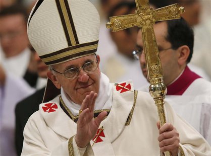 Pope Francis waves at the end of the Chrismal mass in Saint Peter's basilica at the Vatican March 28, 2013. REUTERS/Alessandro Bianchi Pope Francis waves at the end of the Chrismal mass in Saint Peter's basilica at the Vatican March 28, 2013. REUTERS/Alessandro Bianchi