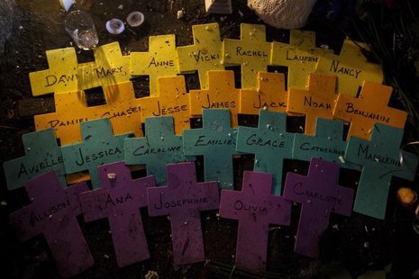 Names of the victims of the shooting at Sandy Hook Elementary School are seen on crosses at a memorial in Sandy Hook Village in Newtown, Con Names of the victims of the shooting at Sandy Hook Elementary School are seen on crosses at a memorial in Sandy Hook Village in Newtown, Con