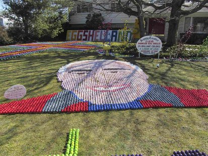 A portrait of Ron Manolio made of colored eggs graces the front lawn of his family home is shown in this handout photo provided to Reuters i A portrait of Ron Manolio made of colored eggs graces the front lawn of his family home is shown in this handout photo provided to Reuters i