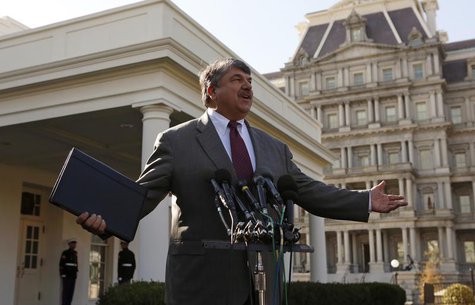 AFL-CIO President Richard Trumka talks to reporters at the White House after a meeting between U.S. President Barack Obama and leaders from AFL-CIO President Richard Trumka talks to reporters at the White House after a meeting between U.S. President Barack Obama and leaders from