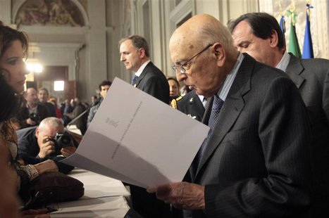 Italian President Giorgio Napolitano arrives for a media conference at the Quirinale palace in Rome, March 30, 2013. REUTERS/Remo Casilli Italian President Giorgio Napolitano arrives for a media conference at the Quirinale palace in Rome, March 30, 2013. REUTERS/Remo Casilli