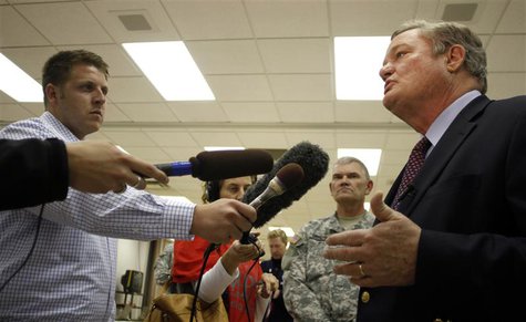 North Dakota Governor Jack Dalrymple (R) speaks with the media at the FEMA Disaster Recovery Center in Minot, North Dakota, June 27, 2011. R North Dakota Governor Jack Dalrymple (R) speaks with the media at the FEMA Disaster Recovery Center in Minot, North Dakota, June 27, 2011. R