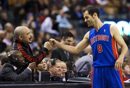 Detroit Pistons' Jose Calderon greets announcer Herbie Kuhn (L) before his team plays the Toronto Raptors in their NBA basketball game in To Detroit Pistons' Jose Calderon greets announcer Herbie Kuhn (L) before his team plays the Toronto Raptors in their NBA basketball game in To