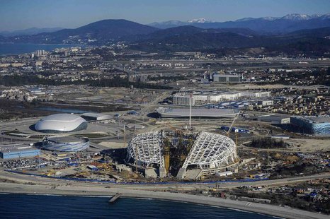 A view from a helicopter shows the Fisht Olympic Stadium (C) and other Olympic venues under construction for the 2014 Winter Olympic games i A view from a helicopter shows the Fisht Olympic Stadium (C) and other Olympic venues under construction for the 2014 Winter Olympic games i