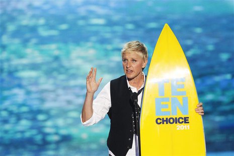 Comedian and talk show host Ellen DeGeneres speaks after receiving the Choice Comedian Award at the Teen Choice Awards at the Gibson amphith Comedian and talk show host Ellen DeGeneres speaks after receiving the Choice Comedian Award at the Teen Choice Awards at the Gibson amphith
