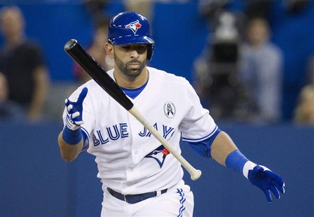 Toronto Blue Jays' Jose Bautista tosses his bat after a called strike in the fifth inning of their opening day MLB American League baseball Toronto Blue Jays' Jose Bautista tosses his bat after a called strike in the fifth inning of their opening day MLB American League baseball