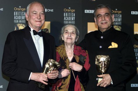 (L-R) James Ivory, Ruth Prawer Jhabvala and Ismail Merchant, who together form Merchant Ivory Productions, receive a British Academy film fe (L-R) James Ivory, Ruth Prawer Jhabvala and Ismail Merchant, who together form Merchant Ivory Productions, receive a British Academy film fe