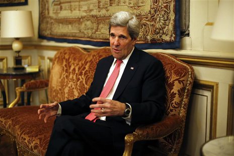 U.S. Secretary of State John Kerry gestures as he talks with France's Foreign Minister Laurent Fabius (unseen) during a meeting at the Quai U.S. Secretary of State John Kerry gestures as he talks with France's Foreign Minister Laurent Fabius (unseen) during a meeting at the Quai