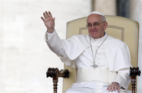 Pope Francis waves as he leads the weekly general audience in Saint Peter's square, at the Vatican April 3, 2013. REUTERS/Stefano Rellandini Pope Francis waves as he leads the weekly general audience in Saint Peter's square, at the Vatican April 3, 2013. REUTERS/Stefano Rellandini