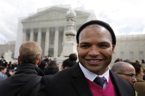 Gay marriage supporter Brendon Ayanbadejo, linebacker for the the Baltimore Ravens of the NFL, talks to reporters in front of the U.S. Supre Gay marriage supporter Brendon Ayanbadejo, linebacker for the the Baltimore Ravens of the NFL, talks to reporters in front of the U.S. Supre