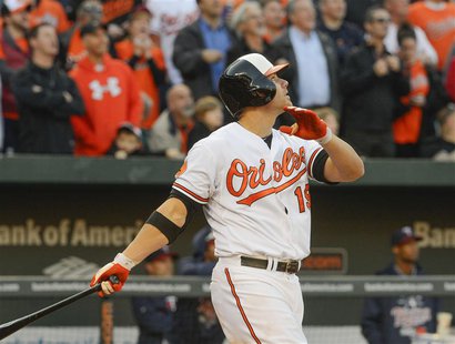 Baltimore Orioles batter Chris Davis watches the flight of the ball after stroking a grand slam in the eighth inning off of Minnesota Twins Baltimore Orioles batter Chris Davis watches the flight of the ball after stroking a grand slam in the eighth inning off of Minnesota Twins