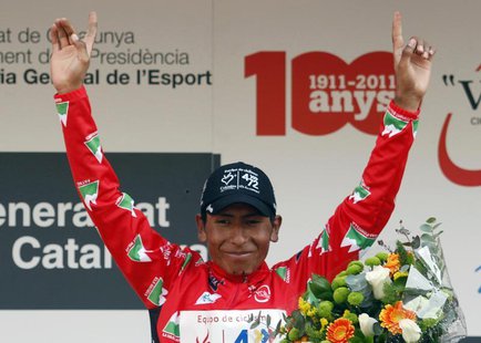 Colombia es Pasion's cyclist Nairo Quintana celebrates on the podium after the seventh and final stage of the Tour of Catalunya cycling race Colombia es Pasion's cyclist Nairo Quintana celebrates on the podium after the seventh and final stage of the Tour of Catalunya cycling race