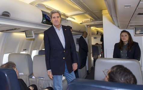 U.S. Secretary of State John Kerry talks to reporters after finding out that the aircraft had a mechanical failure before take off, at the A U.S. Secretary of State John Kerry talks to reporters after finding out that the aircraft had a mechanical failure before take off, at the A