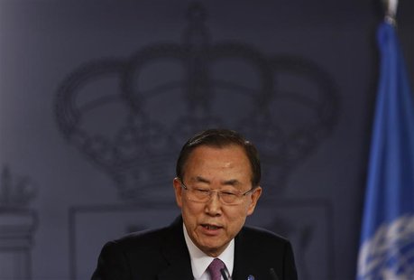 United Nations (U.N.) Secretary General Ban Ki-moon speaks during a joint news conference with Spain's Prime Minister Mariano Rajoy (not pic United Nations (U.N.) Secretary General Ban Ki-moon speaks during a joint news conference with Spain's Prime Minister Mariano Rajoy (not pic