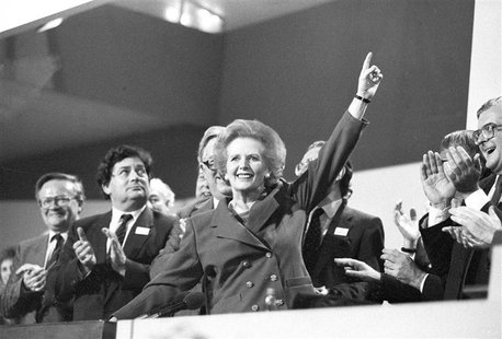 Then British Prime Minister Margaret Thatcher points skyward as she receives standing ovation at Conservative Party Conference in this Octob Then British Prime Minister Margaret Thatcher points skyward as she receives standing ovation at Conservative Party Conference in this Octob
