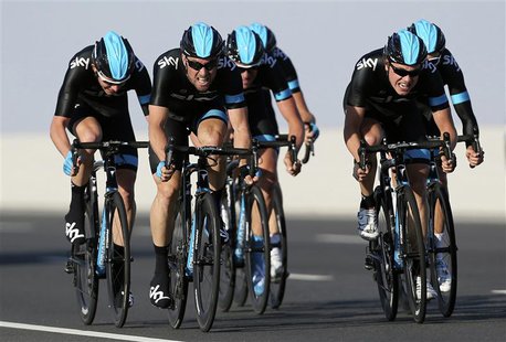 Team Sky riders cycle during the second stage of the 2013 cycling Tour of Qatar, a 14km team time trial along Al Rufaa Street in Doha Februa Team Sky riders cycle during the second stage of the 2013 cycling Tour of Qatar, a 14km team time trial along Al Rufaa Street in Doha Februa