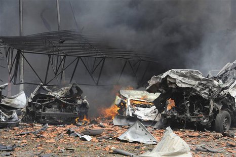 A view shows wreckage of cars after a suicide car bomb exploded in the main business district of Damascus April 8, 2013, in this handout pho A view shows wreckage of cars after a suicide car bomb exploded in the main business district of Damascus April 8, 2013, in this handout pho