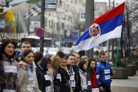 People block a street during an anti-European Union protest in Belgrade April 8, 2013. REUTERS/Marko Djurica People block a street during an anti-European Union protest in Belgrade April 8, 2013. REUTERS/Marko Djurica