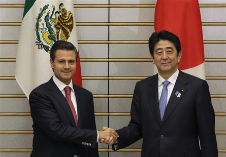 Mexico's President Enrique Pena Nieto (L) shakes hands with Japan's Prime Minister Shinzo Abe at Abe's official residence in Tokyo April 8, Mexico's President Enrique Pena Nieto (L) shakes hands with Japan's Prime Minister Shinzo Abe at Abe's official residence in Tokyo April 8,
