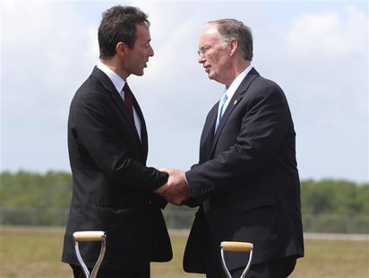 Fabrice Bregier, Airbus President and CEO shakes hands with Alabama Governor Robert Bentley (R), after breaking ground on its first U.S. ass Fabrice Bregier, Airbus President and CEO shakes hands with Alabama Governor Robert Bentley (R), after breaking ground on its first U.S. ass