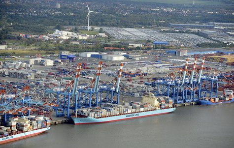 Shipping terminals and containers are pictured in the harbour of the northern German of Bremerhaven on the banks of the river Elbe, late Oct Shipping terminals and containers are pictured in the harbour of the northern German of Bremerhaven on the banks of the river Elbe, late Oct