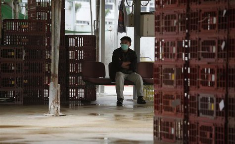 A worker rests beside empty cages, which were used to transport chickens, after morning trading at a wholesale poultry market in Hong Kong A A worker rests beside empty cages, which were used to transport chickens, after morning trading at a wholesale poultry market in Hong Kong A