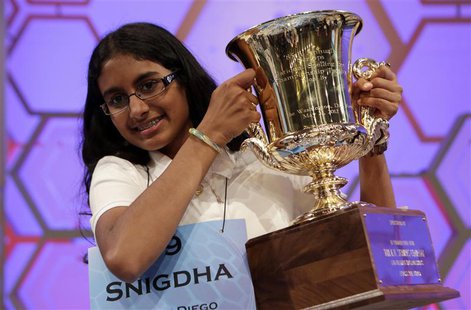 Snigdha Nandipati, 14, of San Diego, California, holds her trophy after winning the Scripps National Spelling Bee at National Harbor in Mary Snigdha Nandipati, 14, of San Diego, California, holds her trophy after winning the Scripps National Spelling Bee at National Harbor in Mary