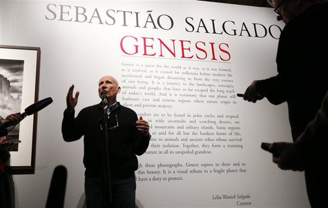 Photographer Sebastiao Salgado talks to reporters at the preview of his exhibition "Sebastiao Salgado: Genesis" at the Natural History Museu Photographer Sebastiao Salgado talks to reporters at the preview of his exhibition "Sebastiao Salgado: Genesis" at the Natural History Museu