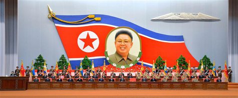North Korean officials attend a national meeting to mark the 20th anniversary of late leader Kim Jong-il's election as chairman of North Kor North Korean officials attend a national meeting to mark the 20th anniversary of late leader Kim Jong-il's election as chairman of North Kor