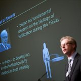 A picture of Robert Edwards of Britain is projected behind Christer Hoog of the Karolinska Institute as the winner of the 2010 Nobel Prize i A picture of Robert Edwards of Britain is projected behind Christer Hoog of the Karolinska Institute as the winner of the 2010 Nobel Prize i
