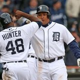 Detroit Tigers 3B Miguel Cabrera (R) is congratulated by RF Torii Hunter following his fourth-inning homer in Detroit's 7-3 victory over Toronto at Comerica Park on Apr. 9, 2013. (photo courtesy Detroit Tigers) Detroit Tigers 3B Miguel Cabrera (R) is congratulated by RF Torii Hunter following his fourth-inning homer in Detroit's 7-3 victory over Toronto at Comerica Park on Apr. 9, 2013. (photo courtesy Detroit Tigers)