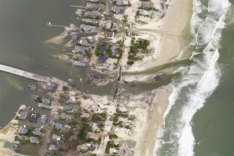 This National Oceanic and Atmospheric Administration (NOAA) photograph taken on October 31, 2012 shows a new inlet that was cut across the b This National Oceanic and Atmospheric Administration (NOAA) photograph taken on October 31, 2012 shows a new inlet that was cut across the b