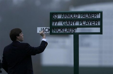 The names of the ceremonial starters are displayed during the ceremonial start for the 2013 Masters golf tournament at the Augusta National The names of the ceremonial starters are displayed during the ceremonial start for the 2013 Masters golf tournament at the Augusta National