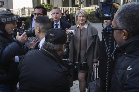Martha Stewart (C) holds a camera as she departs the New York state Supreme Court after testifying in Manhattan March 5, 2013. REUTERS/Lucas Martha Stewart (C) holds a camera as she departs the New York state Supreme Court after testifying in Manhattan March 5, 2013. REUTERS/Lucas
