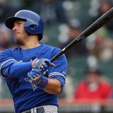 Toronto Blue Jays C JP Arencibia cracks a three-run double in the seventh inning of Toronto's 8-6 win at Detroit on Apr. 10, 2013. (photo courtesy Toronto Blue Jays)