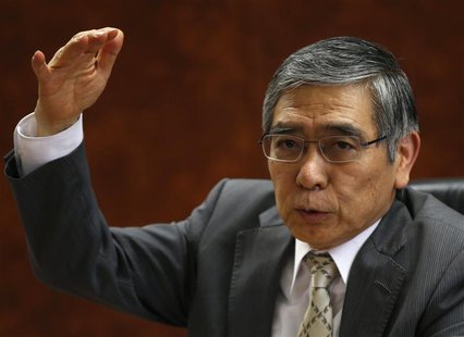 Bank of Japan Governor Haruhiko Kuroda speaks during a group interview at the BOJ headquarters in Tokyo April 10, 2013. REUTERS/Toru Hanai Bank of Japan Governor Haruhiko Kuroda speaks during a group interview at the BOJ headquarters in Tokyo April 10, 2013. REUTERS/Toru Hanai