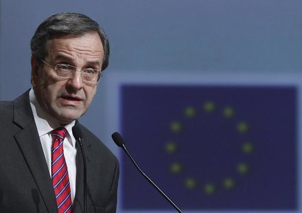 Greece's Prime Minister Antonis Samaras delivers his speech during the "First National Development Conference for the programming period 201 Greece's Prime Minister Antonis Samaras delivers his speech during the "First National Development Conference for the programming period 201