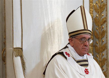 Pope Francis looks on as he leads a solemn mass at Saint Paul's Basilica in Rome April 14, 2013. REUTERS/Max Rossi Pope Francis looks on as he leads a solemn mass at Saint Paul's Basilica in Rome April 14, 2013. REUTERS/Max Rossi